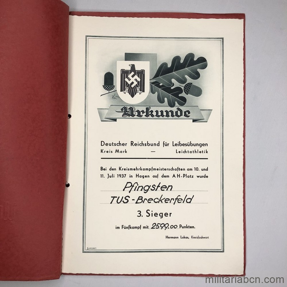 Alemania III Reich. Concesión de Trofeo Deportivo. Pfingsten TUS Breckerfeld 3er Vencedor. 1937