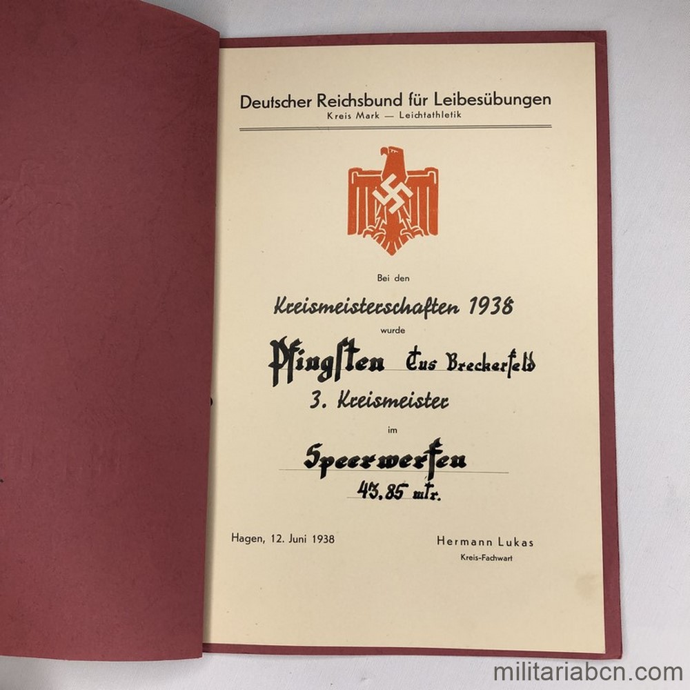 Alemania III Reich. Concesión de Trofeo Deportivo. Lanzamiento de Jabalina. 1938
