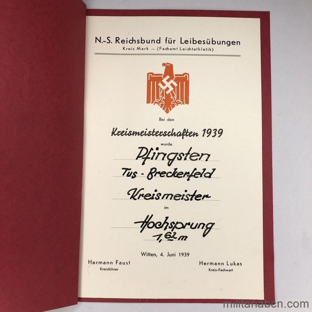 Alemania III Reich. Concesión de Trofeo Deportivo. Salto de Altura. Kreismeister. Hochsprung. 1939