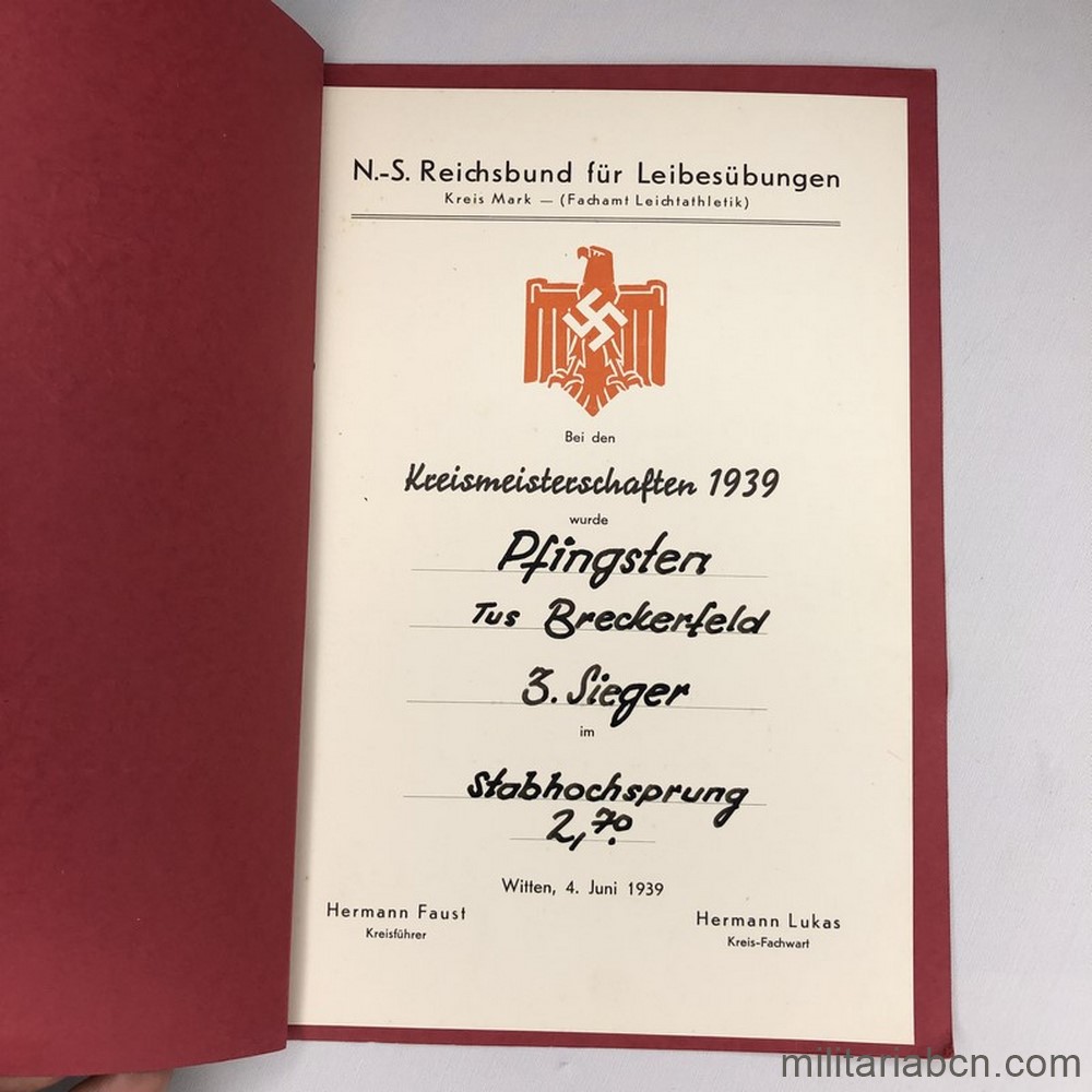 Alemania III Reich. Concesión de Trofeo Deportivo. Salto con Percha. 3er Vencedor. Stabhochsprung