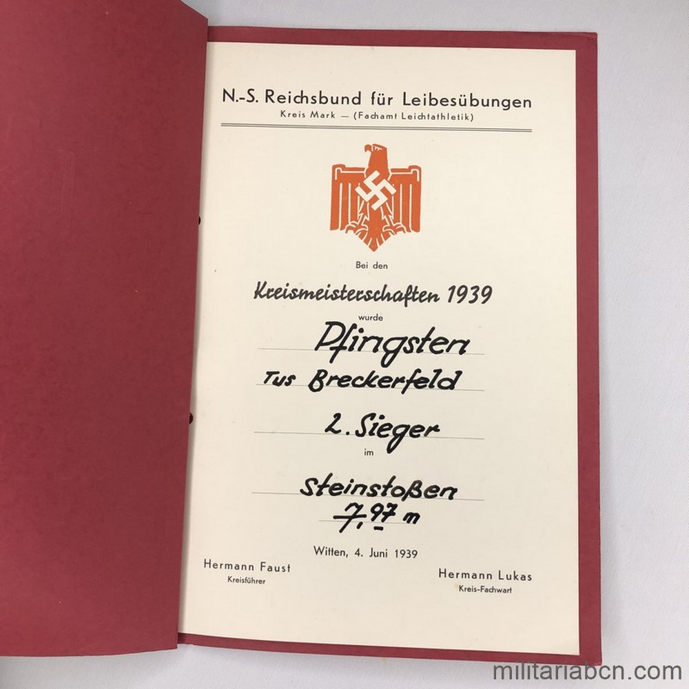 Alemania III Reich. Concesión de Trofeo Deportivo. Levantamiento de Pesos. 2º Vencedor. 1939