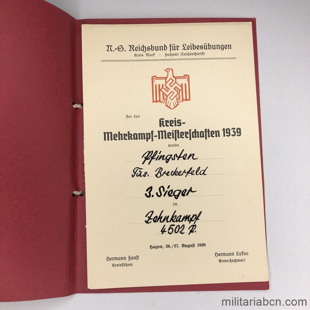 Alemania III Reich. Concesión de Trofeo Deportivo. Decatlón 2ª Vencedor. 1939