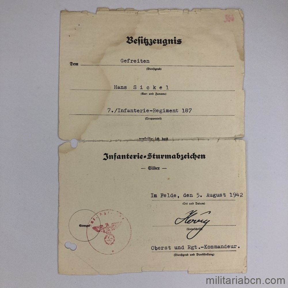 Certificado de obtención de la Insignia de Asalto de Infanteria en Plata 1942 a un Gefreiter