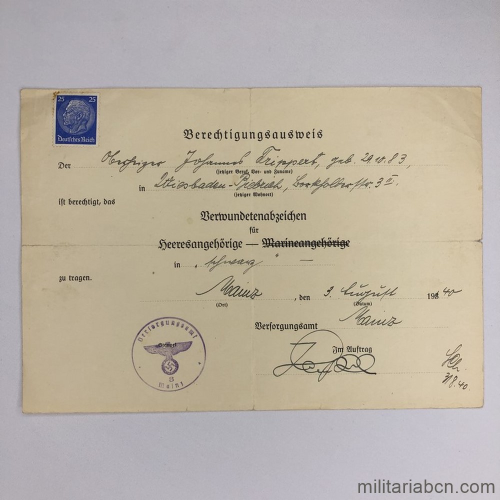 Alemania III Reich. Concesión de la Medalla de Herido en negro 1940