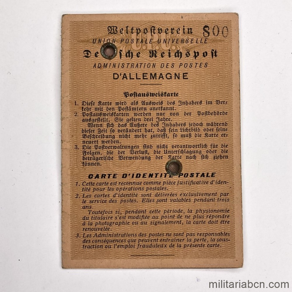 Alemania III Reich. Carta de Identidad Postal. Weltpostverein. Deutsche Reichspost