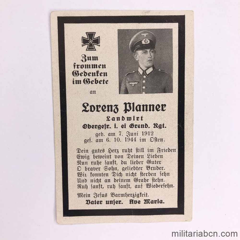 Alemania III Reich. Necrológica de Obergefreiter Grenadier Regiment. Fallecido en 1944