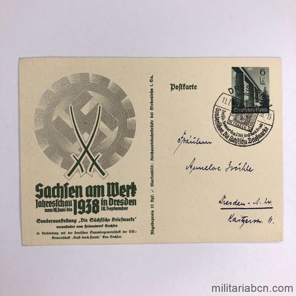 Alemania III Reich. Tarjeta postal. Sachsen am Werk. Jahresschau 1938 in Dresden