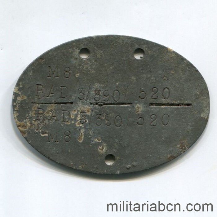 Chapa de identificación o Erkennungsmarke del Departamento 3/390 del RAD