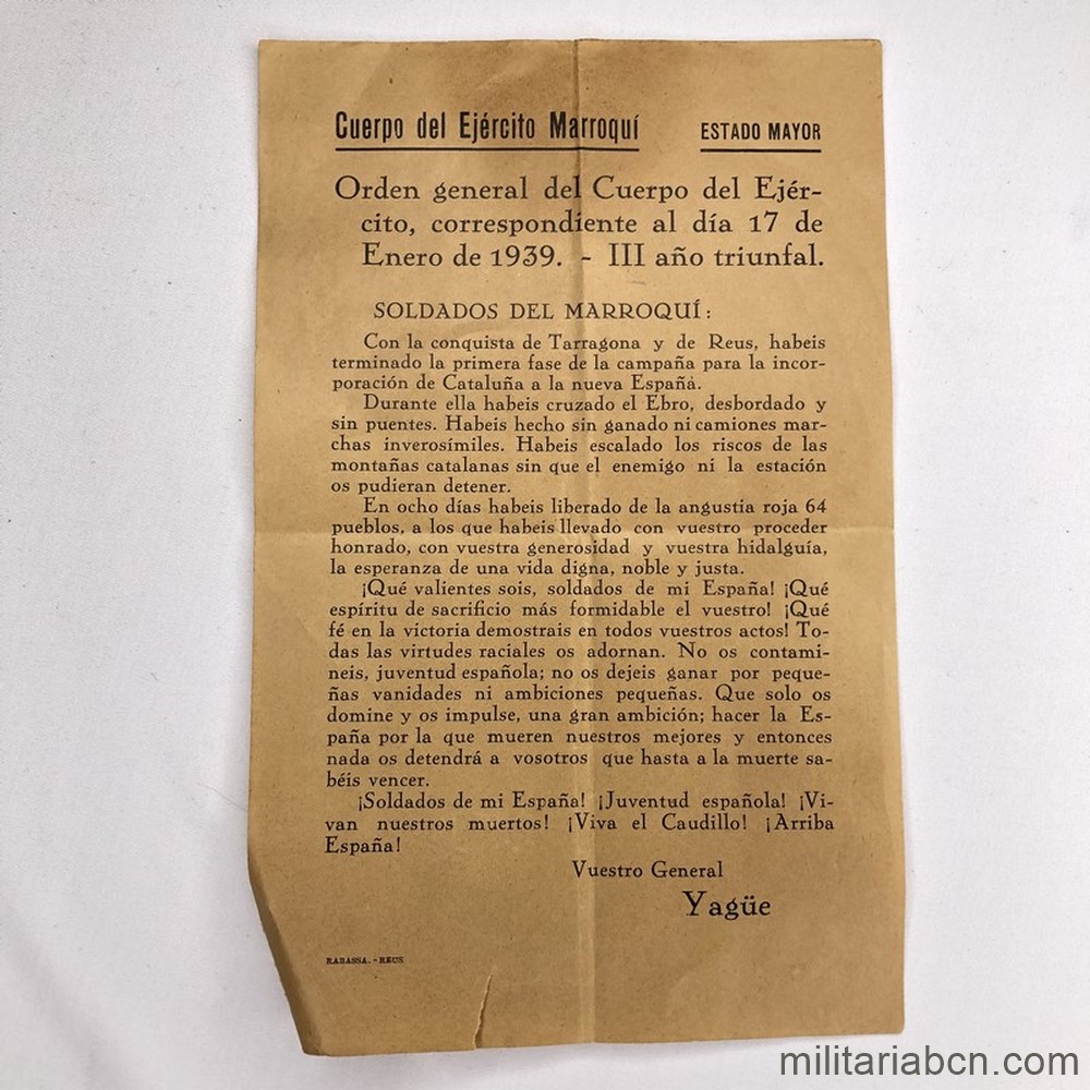 Orden del Día del Cuerpo del Ejército Marroquí. 17 de Enero de 1939. Toma de Reus y Tarragona
