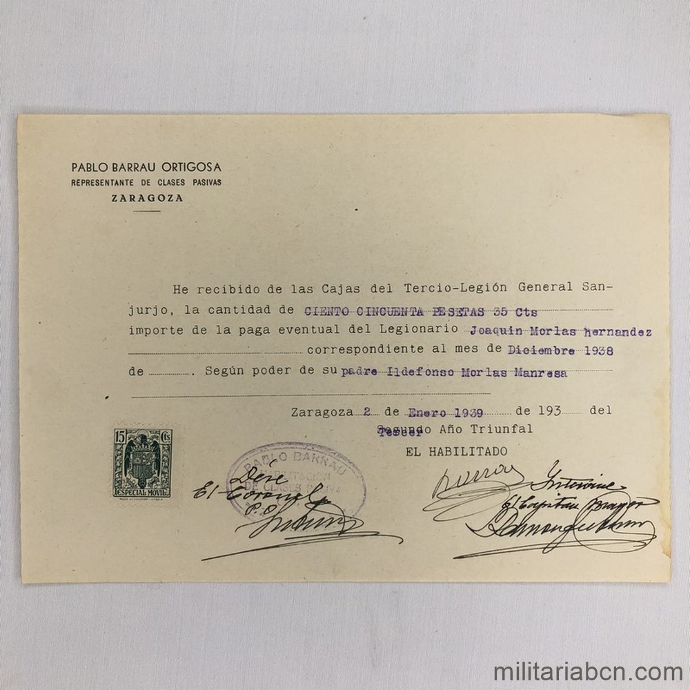 Recibo de 1938 de Liquidación por el fallecimiento de un legionario del Tercio General Sanjurjo