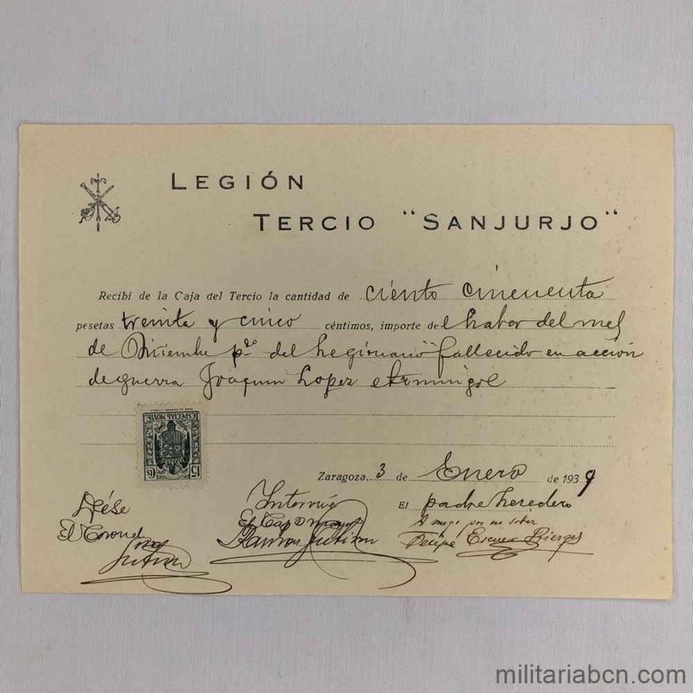 Recibo de Liquidación por el fallecimiento de un legionario del Tercio General Sanjurjo. 1939