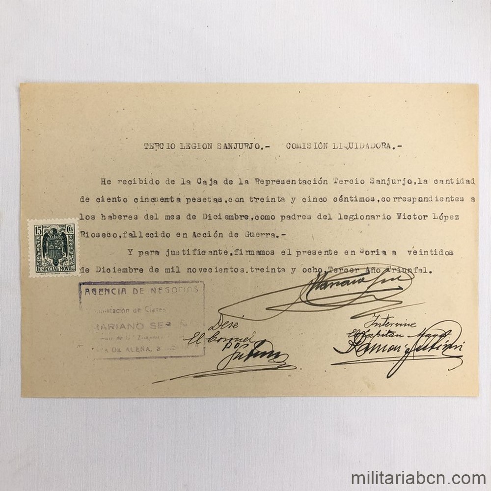 Recibo de Liquidación por el fallecimiento de un legionario del Tercio General Sanjurjo. 1938