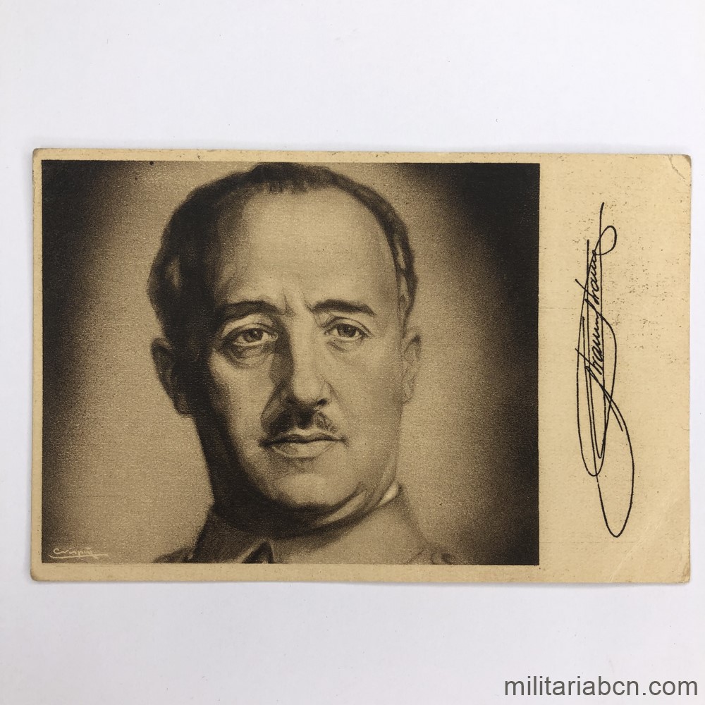 Postal con la fotografía de Francisco Franco enviada a Tarrasa. Firma impresa de Franco