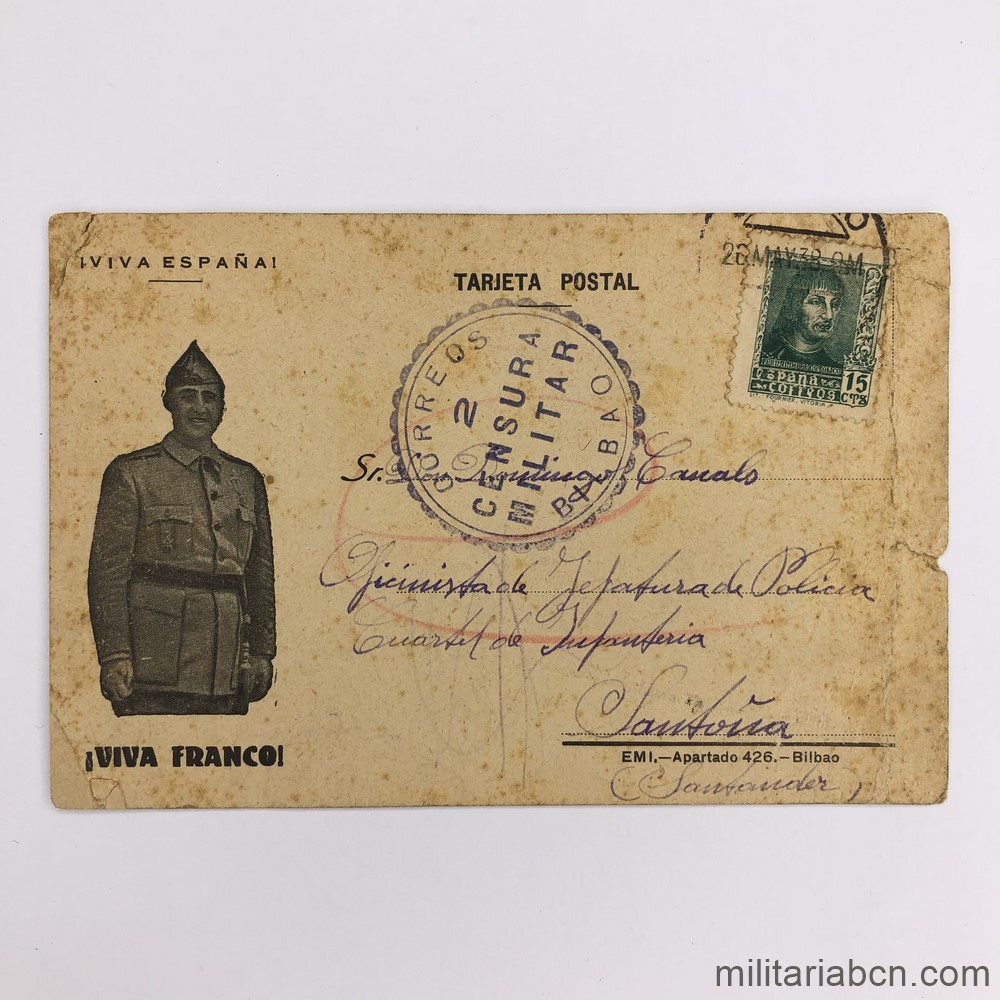 Tarjeta postal con la imagen de Francisco Franco. Censura Militar Bilbao. Marzo 1938