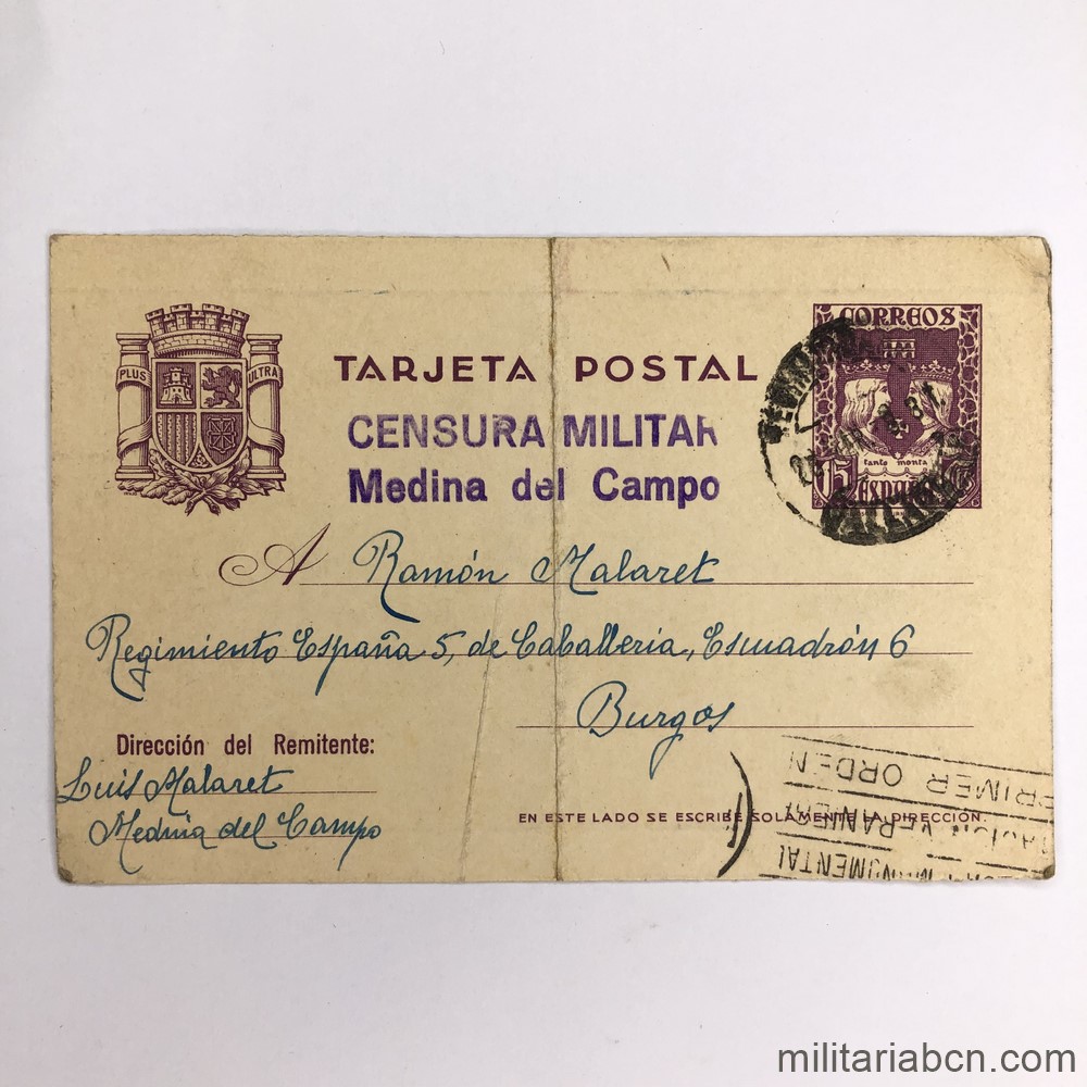 Tarjeta Postal. Censura Militar Medina del Campo. Guerra Civil Española. Marzo de 1938