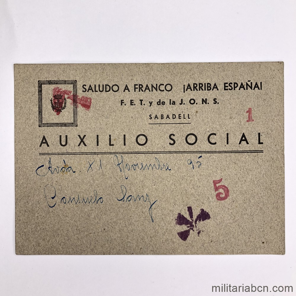 Tarjeta Postal de Auxilio Social. Sabadell. FET de las JONS. Guerra Civil Española