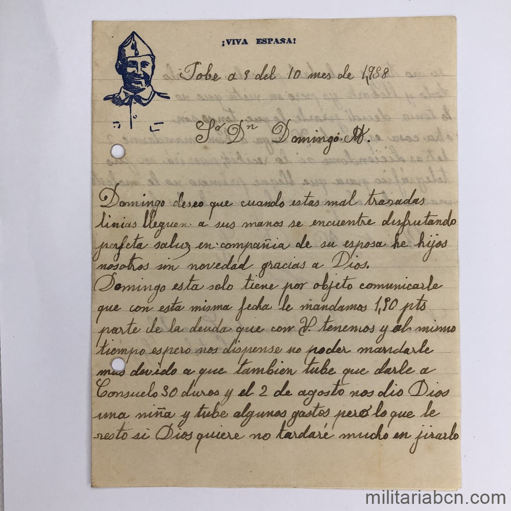Carta enviada durante la Guerra Civil. Estampación en sello de la efigie de Franco y ¡Viva España!