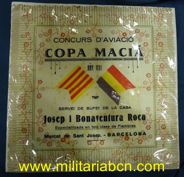 II República. Pañuelo en papel del Concurso de Aviación Copa Macià. 1931. 36 x 36 cm.