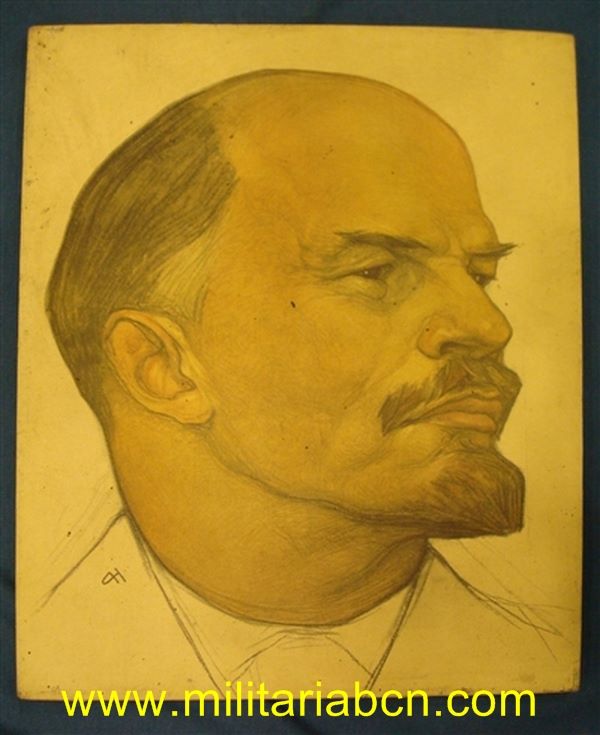 URSS. Unión Soviética. Retrato de Lenin, pintado a mano. 26 x 31 cm.
