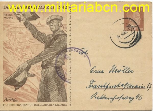 Alemania III Reich.  Postal Día del Sello 1942. Con sello impreso. Circulada.