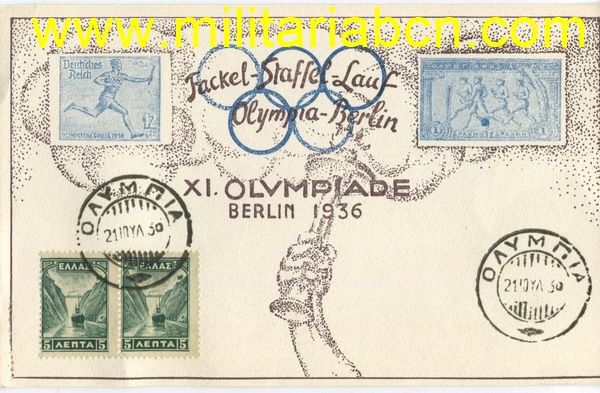 Alemania III Reich. Postal. IX Olimpiadas Berlín 1936.  Con sello impreso y sellos griegos.