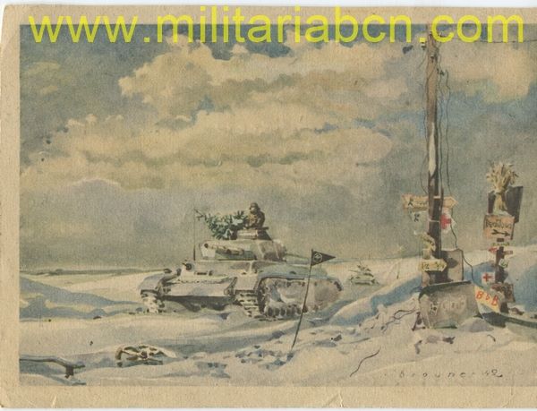 Alemania III Reich.  Postal.  Zeichnung: Obergefreiter Fritz Brauner.