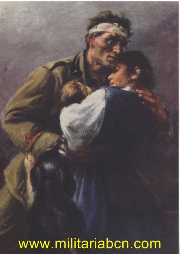 Postal italiana de propaganda militar de la colección publicada en conmemoración de la OMS (Contingente italiano en la Guerra Civil Española). Editada por el Ufficio Storico della Milizia. Sin escribir.