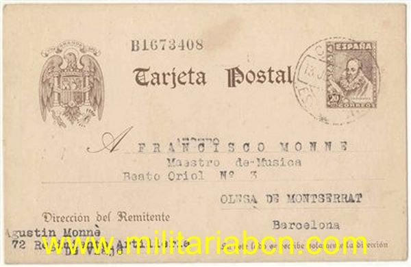 Guerra Civil. Postal enviada  por un soldado del Ejército Nacional. 72 Regimiento de Artillería. De viaje