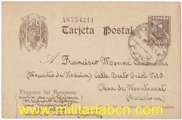 Guerra Civil. Postal enviada  por un soldado del Ejército Nacional.Postal enviada por un soldado del Ejército Nacional. Rgto Artillería 72. Grupo Expedicionario 8’8. 1 ª Batería