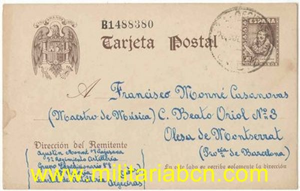 Guerra Civil. Postal enviada  por un soldado del Ejército Nacional.Rgto Artillería 72. Grupo Expedicionario 8’8. 1 ª Batería