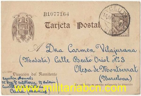 Guerra Civil. Postal enviada  por un soldado del Ejército Nacional. Rgto Artillería 72. 1 ª Batería