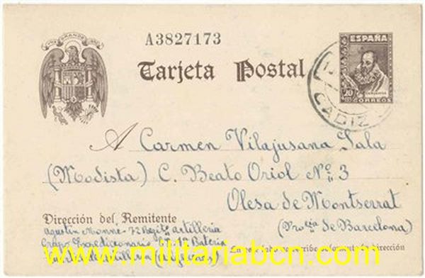 Guerra Civil. Postal enviada  por un soldado del Ejército Nacional. Rgto Artillería 72. Grupo Expedicionario 8’8. 1 ª Batería