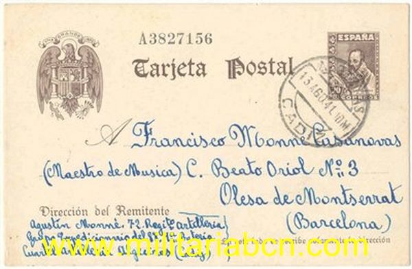 Guerra Civil. Postal enviada  por un soldado del Ejército Nacional.Rgto Artillería 72. Grupo Expedicionario 8’8. 1 ª Batería