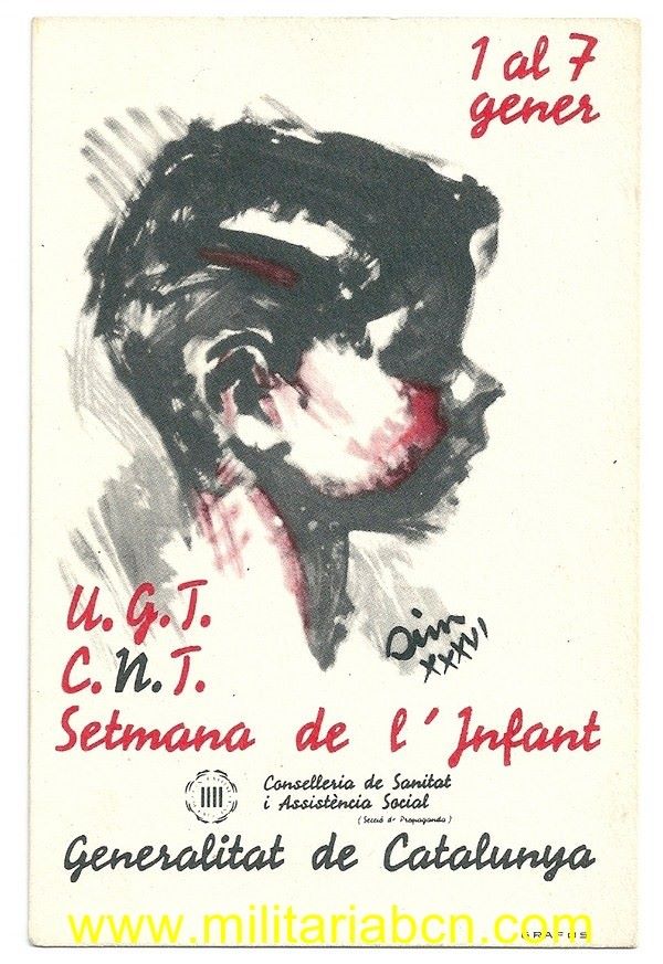 Postal. Guerra Civil.  Ejército Popular de la República.  UGT CNT Setmana de la Joventut.  Conselleria de Sanitat i Assistència Social. Generalitat de Catalunya.
