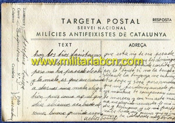 Targeta postal. Milícies Antifeixistes de Catalunya. Guerra Civil.