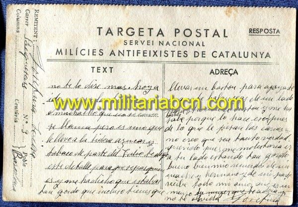 Targeta postal.  Milícies Antifeixistes de Catalunya.  Guerra Civil.