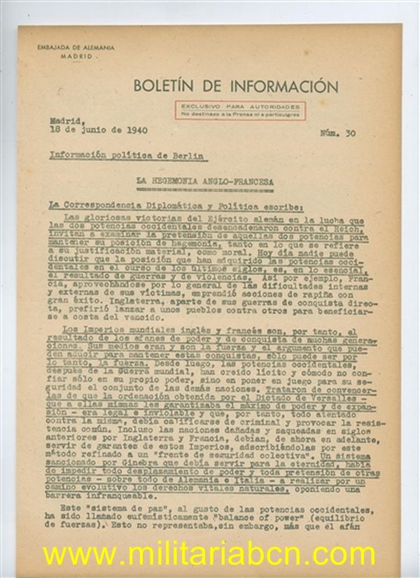 Boletín de Información. Exclusivo para autoridades. Embajada Alemania. Nº 30. 18 de junio de 1940. 3 páginas.