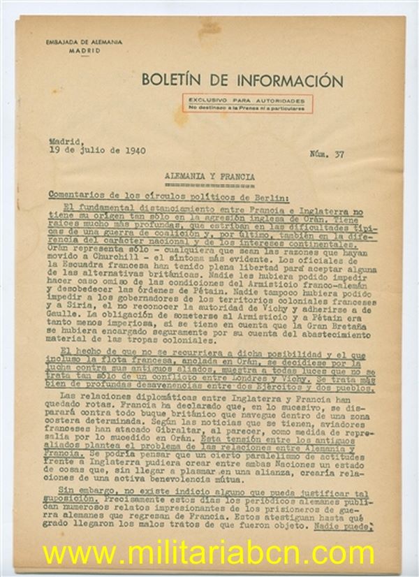 Boletín de Información. Exclusivo para autoridades. Embajada Alemania. Nº 37. 19 de julio de 1940. 3 páginas.