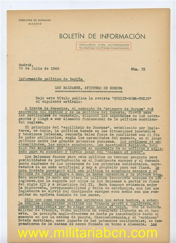 Boletín de Información. Exclusivo para autoridades. Embajada Alemania. Nº 39. 29 de julio de 1940. 3 páginas.