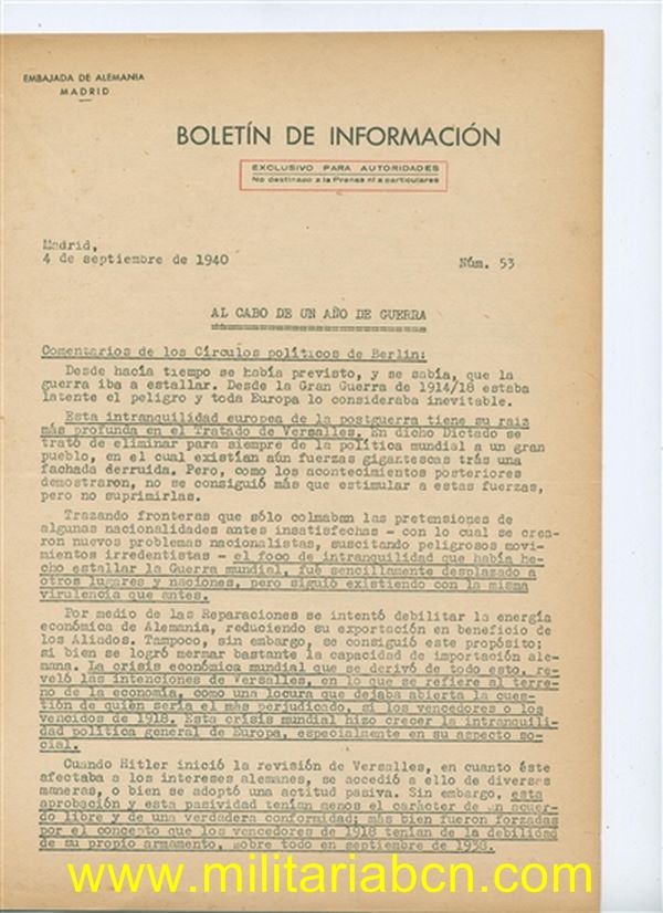 Boletín de Información. Exclusivo para autoridades.Embajada Alemania. Nº 53. 4 de septiembre de 1940. 3 páginas.