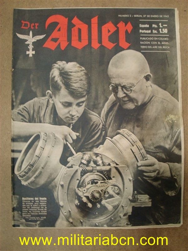 Alemania III Reich. Segunda Guerra Mundial. Revista DER ADLER, publicación de la Luftwaffe.  Texto en español y alemán. Nº 2 Enero 1942