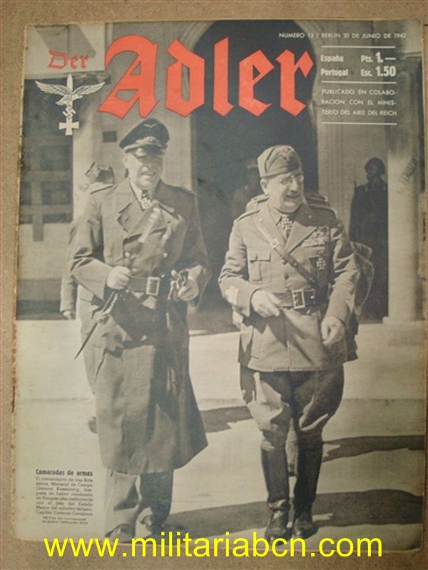 Alemania III Reich. Segunda Guerra Mundial. Revista DER ADLER, publicación de la Luftwaffe.  Texto en español y alemán. Nº 13 June 1942