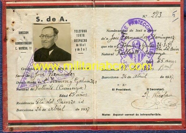 Carnet del Servei de Protecció als Vells. Servicio de Protección a los Ancianos. Guerra Civil. 1937.