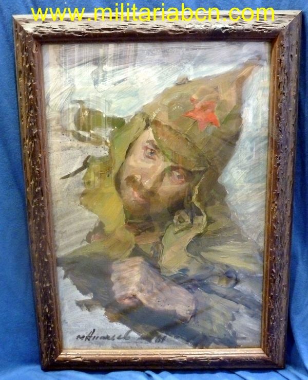 Unión Soviética. URSS.   Pintura al óleo de un Soldado Soviético.   Guerra Civil o 2ª Guerra Mundial.  Tamaño total 40 x 55 cm.  Tamaño del retrato 34 x 48 cm. 1961.