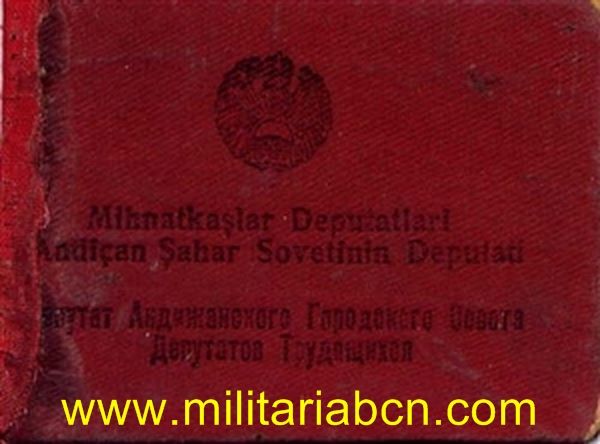 URSS Carnet de Diputado del Soviet Supremo de Andizhan Uzbekistan. 1940
