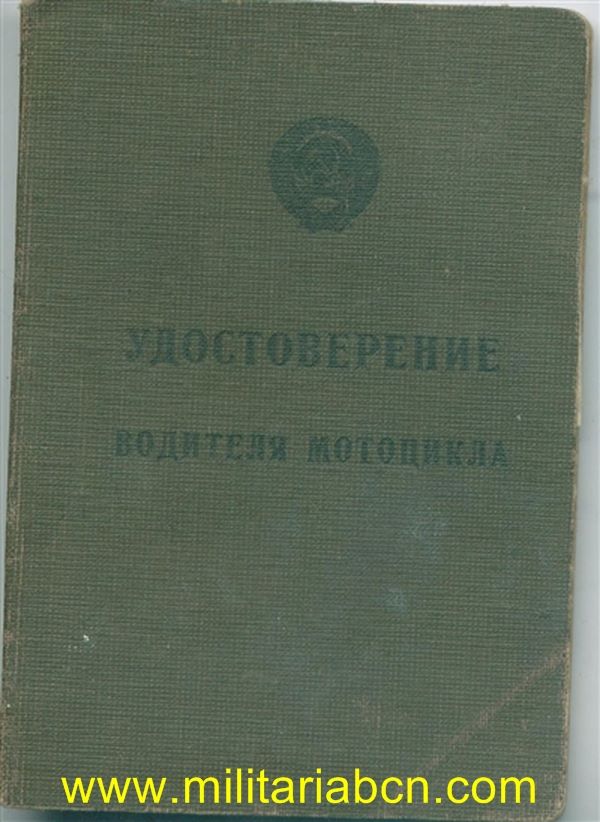 URSS Unión Soviética. Carnet de motorista 1941. Con fotografía.