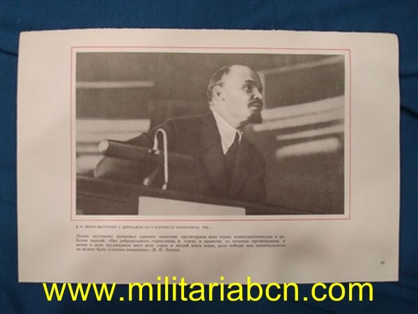 URSS. Unión Soviética. Cartel de propaganda soviético con escenas de la vida de Lenin.  Años 60.  34 x 22  cm