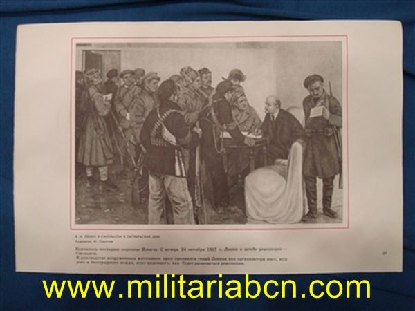 URSS. Unión Soviética. Cartel de propaganda soviético con escenas de la vida de Lenin.  Años 60.  34 x 22  cm