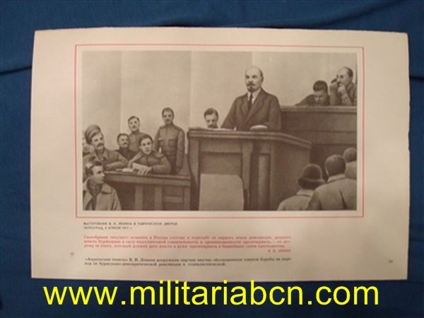 URSS. Unión Soviética. Cartel de propaganda soviético con escenas de la vida de Lenin.  Años 60.  34 x 22  cm