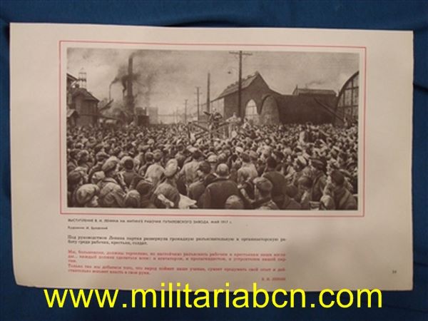 URSS. Unión Soviética. Cartel de propaganda soviético con escenas de la vida de Lenin.  Años 60.  34 x 22  cm